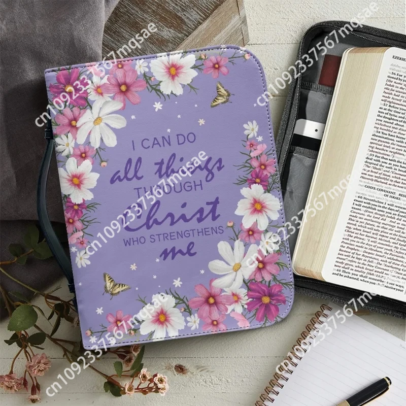 Beautiful Floral Cross 3D Design Women's Bible Cover Case Christian Bags for Female Casual Handle Holy Study Book Boxes