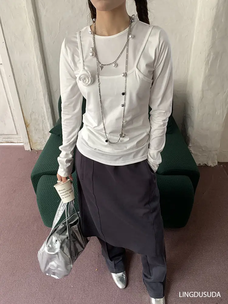 

Футболки с длинными рукавами из двух предметов, женские весенние милые пикантные девушки, тонкие шикарные топы с цветочным принтом, модные Y2k Ropa Mujer