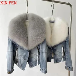 Jaqueta jeans casual para mulheres, colarinho de pele raposa de luxo, ganso branco, jaqueta quente, parka curta, grande, novo, europeu, inverno, 2023