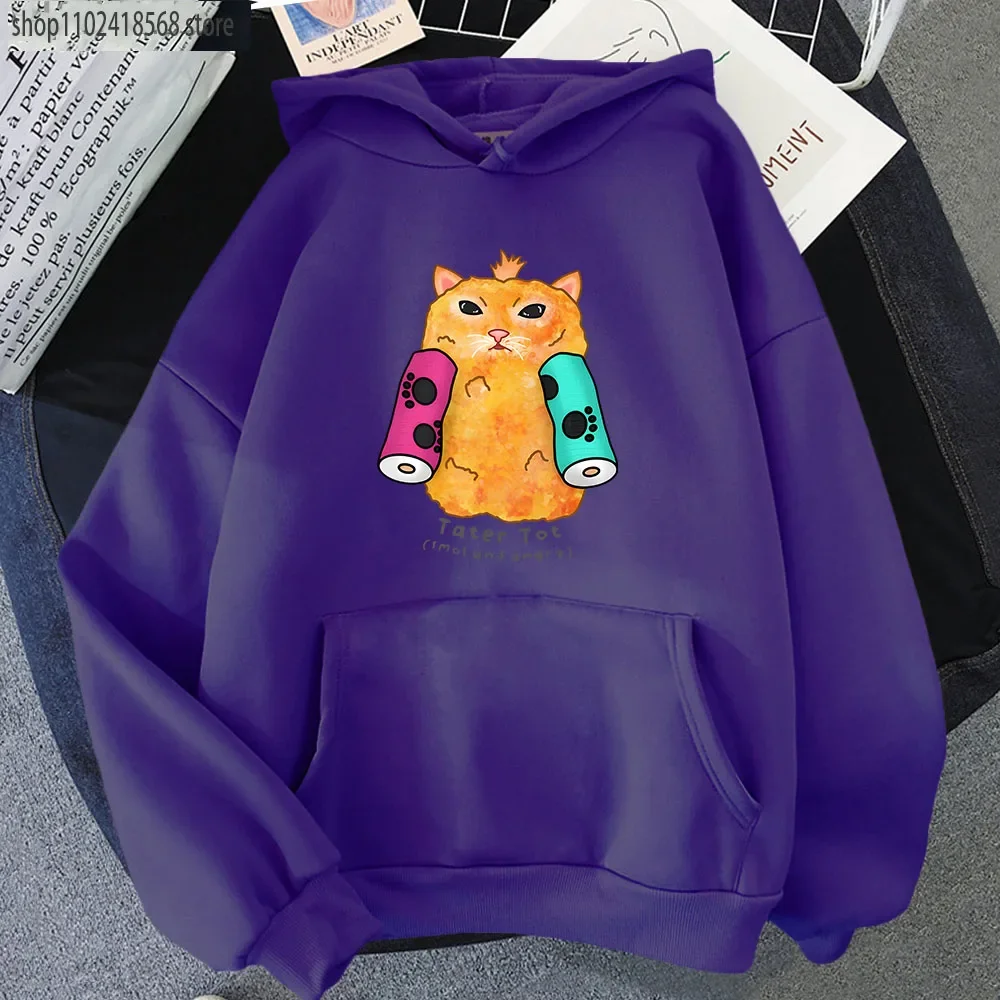 Tater Tot Cat Hoodie Smol and Angry Sweatshirt Women Kawaii Clothes Autumn Winter Casual Y2k Sudaderas Men Long Sleeve Pullover