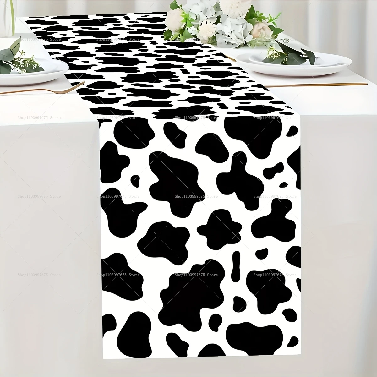 Cow Texture Polyester Table Runner Cowboy Party Decor Reusable Farmhouse Kitchen Dining Table Runner Kids Birthday Party Decors