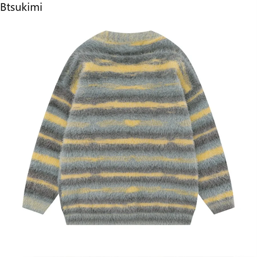 Men's Yellow Striped Thickened Knitted Cardigan Autumn and Winter Thickened Fleece Warm Loose Long-sleeved V-neck Sweater Jacket