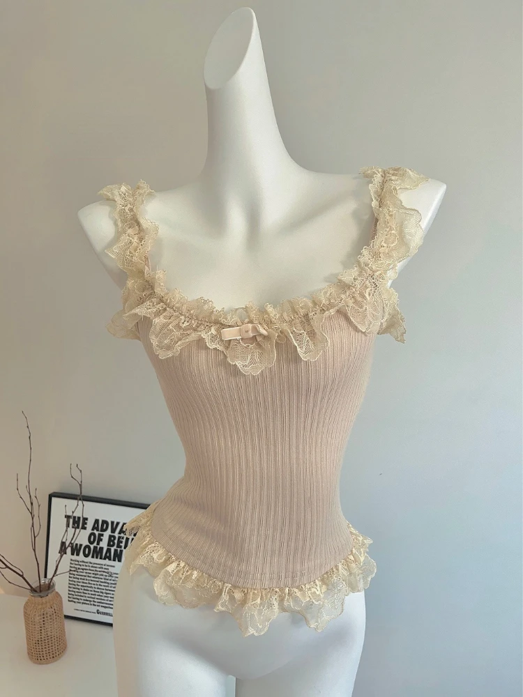 Women White Lace Patchwork Tank Top Vintage Y2k Crop Tops Kawaii Clothes Harajuku Streetwear Slim Sexy T-shirt Halter Top