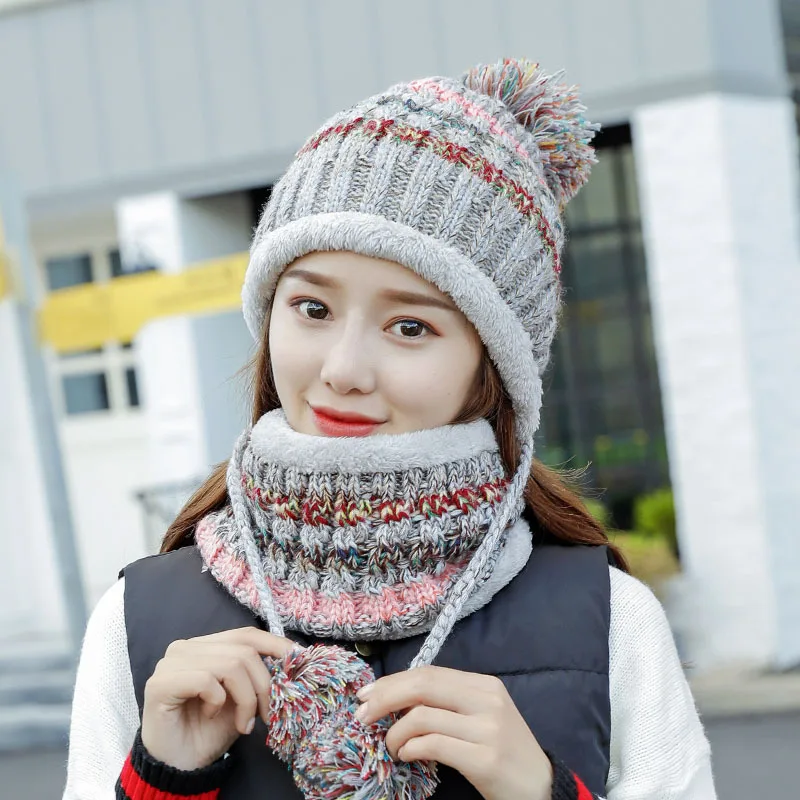 Winter Women Knitted Hat Snow Caps Scarf Female Warm Hat Scarf Set Fashion Wool Thickening Hat Set Casual