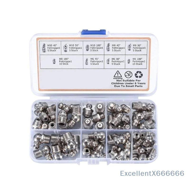 60Pcs Galvanized Metal Hydraulic Grease Fitting Kit 9 Metric Types Zerk Set for Professional Mechanical Repair Jobs