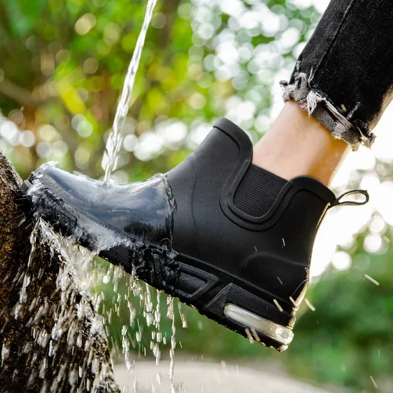 Botas de lluvia antideslizantes a la moda para hombre, botas de lluvia cortas resistentes al desgaste, impermeables, de tubo bajo, para cocina, lavado de coches, trabajo de pesca, zapatos con cubierta de goma