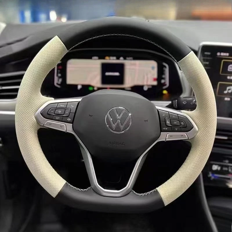 For Volkswagen Sagitar 2021-2025 Golf 2020-2026 Tayron T-Cross Hand-stitched Durable Leather Non-slip Car Steering Wheel Cover