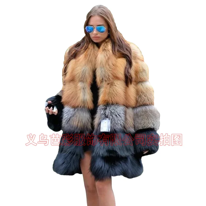Amazon Foreign Trade Imitation Fur Coat Women's Clothing Medium and Long Luxury Splicing Contrasting Color European and American