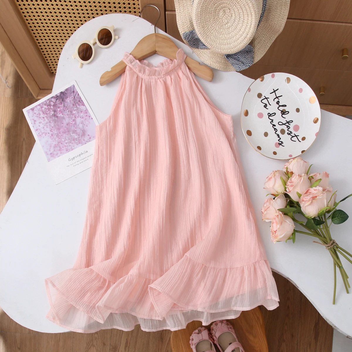 Girls Sweet Dresses Summer Sleeveless Hanging Neck Holiday Dress Children's Beach Dress Kids Clothes
