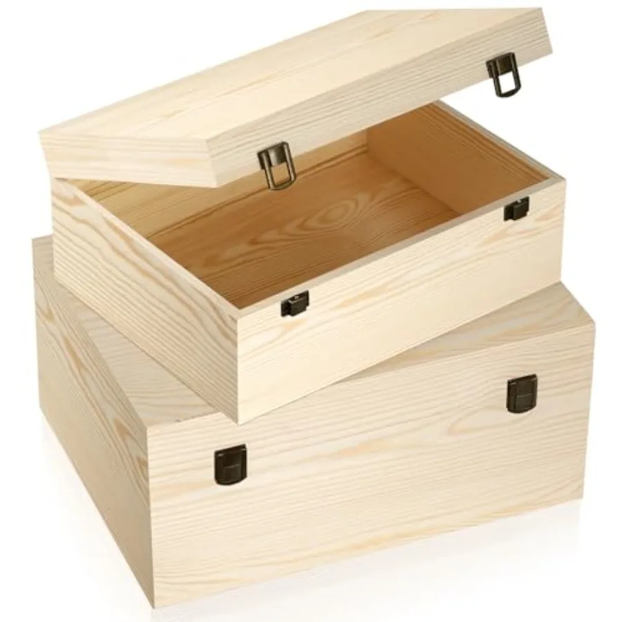 

Large Unfinished Wooden Boxes Set of 2 Sizes Wood Box with Hinged Lid Large Wooden Boxes Keepsake Memory Boxs- for DIY Crafts G