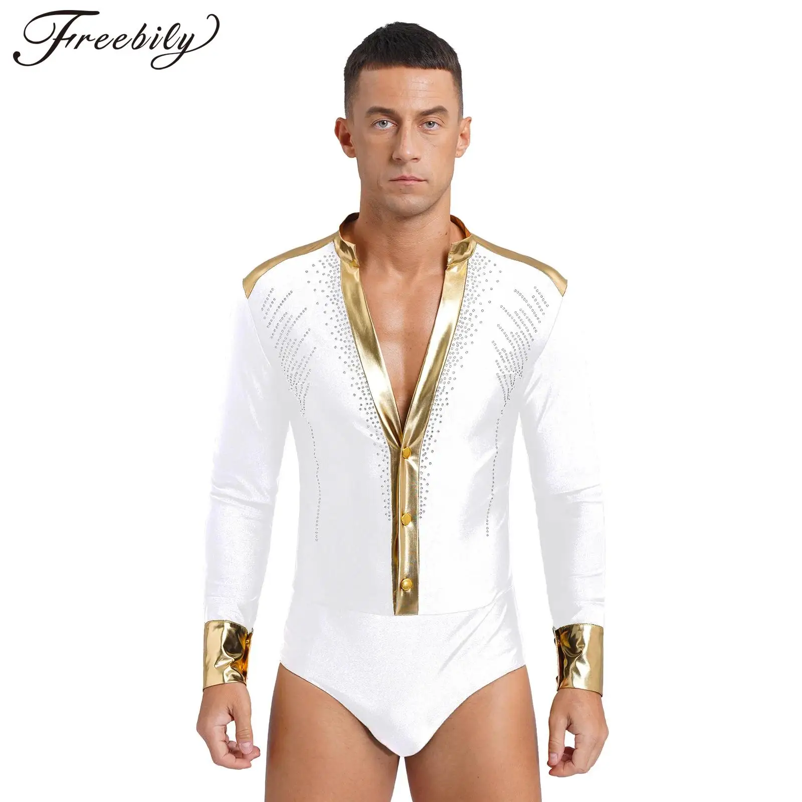 

Men Figure Skating Dance Leotard Ballet Gymnastics Acrobatics Latin Samba Rumba Tango Costume Long Sleeve Rhinestones Bodysuit