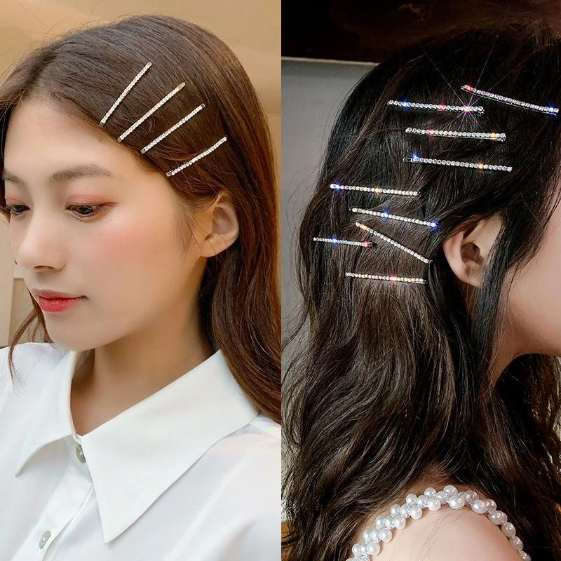 2/4Pcs Jennie With The Same Hair Clips Simple Rhinestone A Word Clip Girl Bangs Clip Side Clip Hair Card Clip Headwear