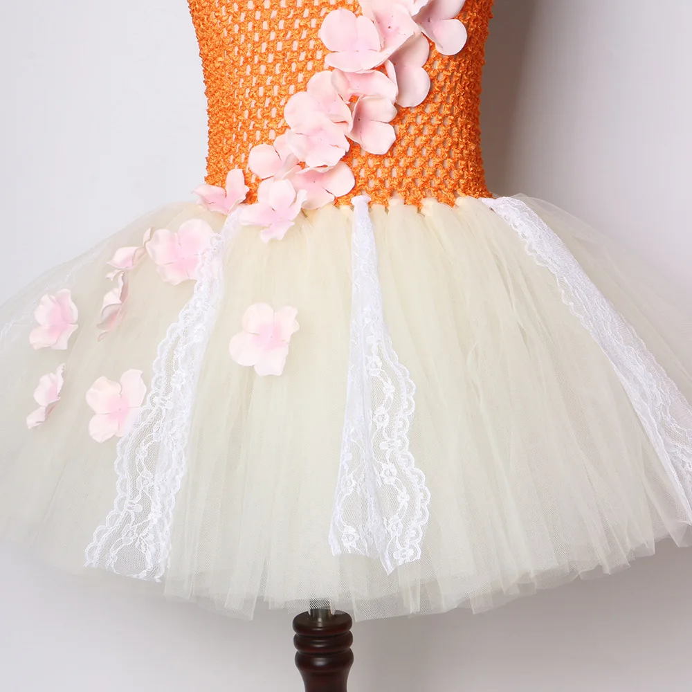 2026 Orange Floral Tulle Tutu Dress Ruffled Billowy Royal Gown Chic Flared Attire Lawn Gala Recital Soft Stretch Band Short Robe