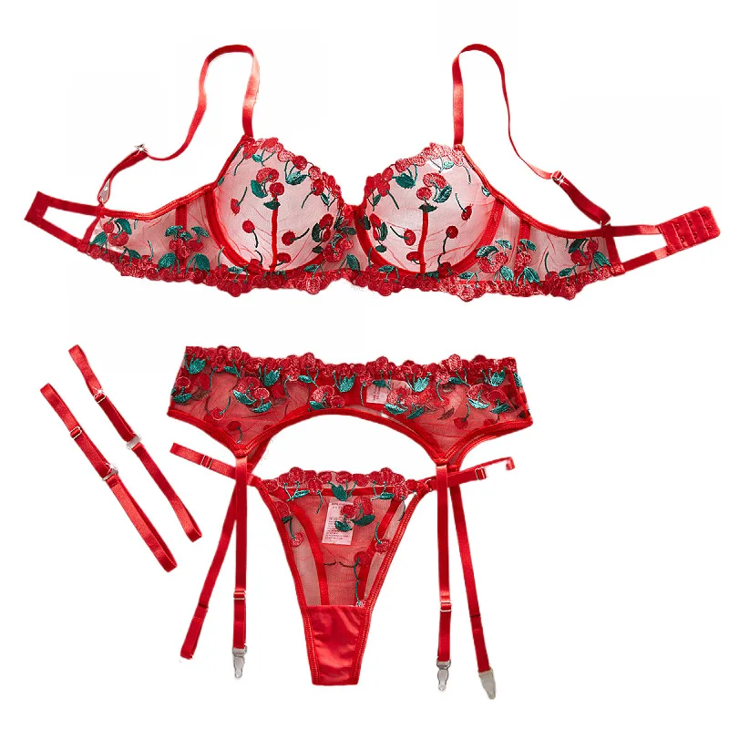 جنسي الملابس الداخلية صافي النسيج الكرز التطريز الصلب الفرقة المضيقة البرازيلي جوارب الساق الأصفاد مجموعة مثير