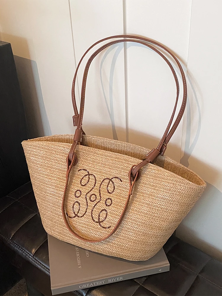 

Large Capacity Straw Woven Tote Bag Women's 2026 New Summer Beach Vacation Single Shoulder Commuter Bag Soft Hand Grip Pure C...