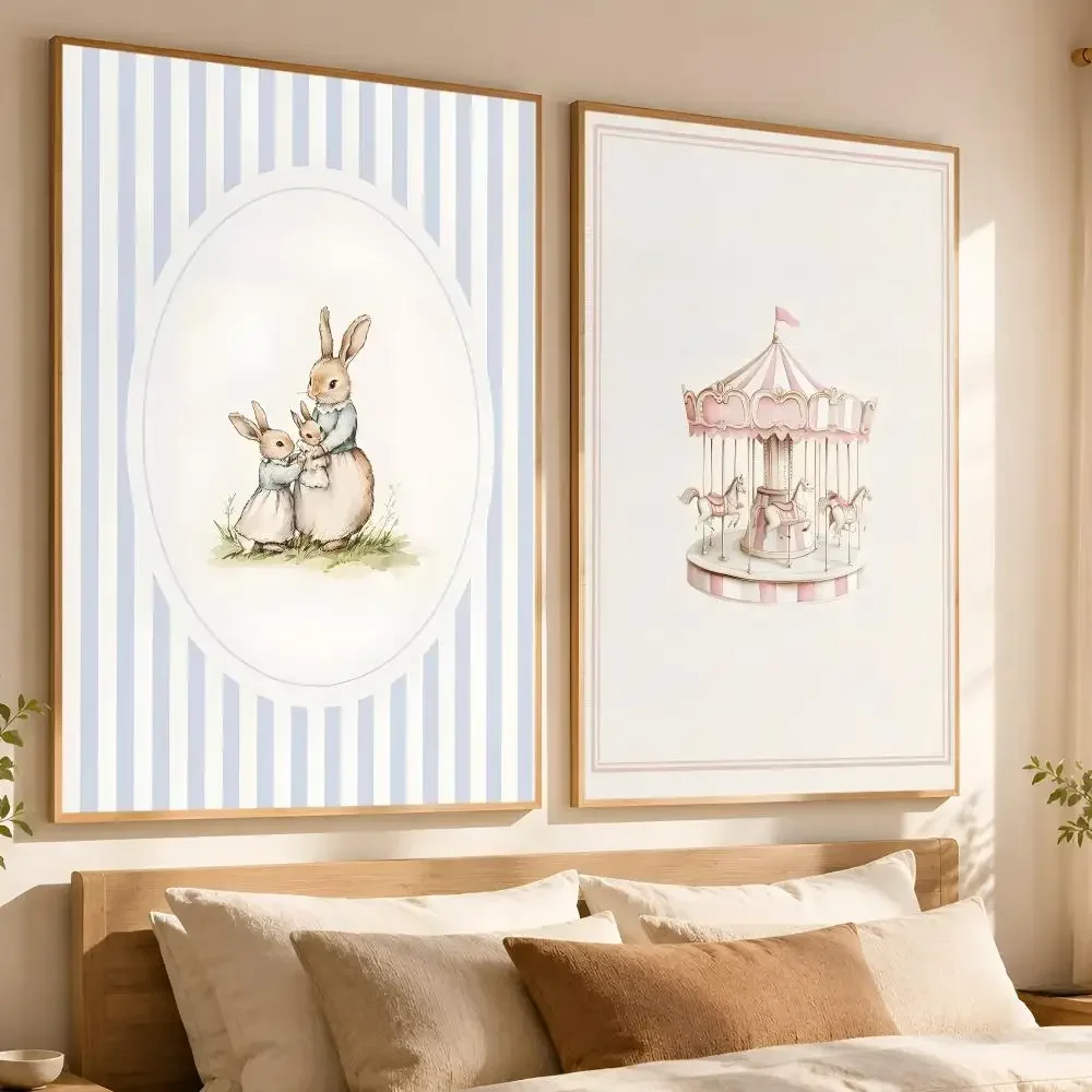 Vintage Floral Rabbit Hot Air Balloon Carousel Poster Matte Wall Art for Living Room Bedroom Home Decor Mother & Baby Girlhood T