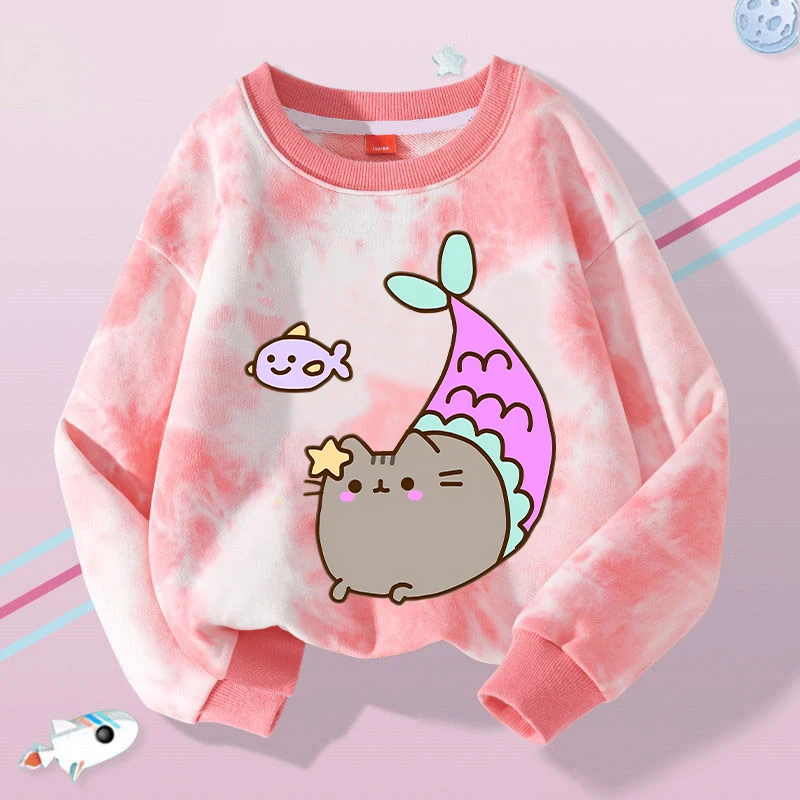 Pusheens Girls Kawaii Hoodies Kids Spring Autumn Sweatshirt Anime Cat Pullover Fashion Tops Long Sleeves Children Clothes Gift