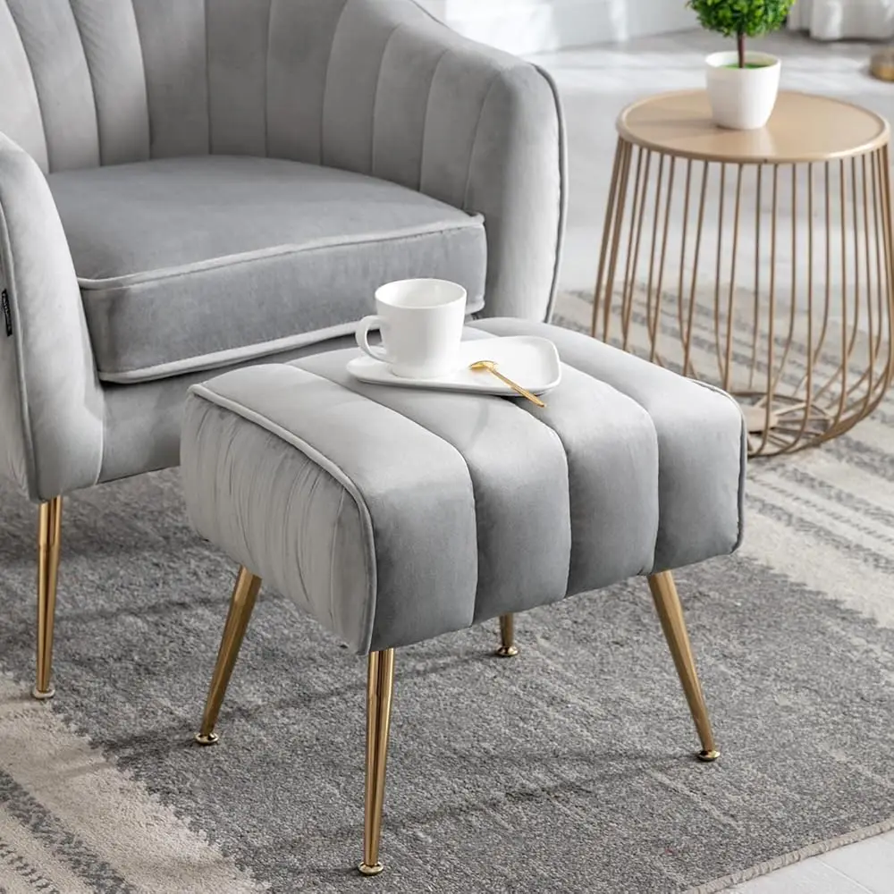 Velvet Ottoman Bench, Modern Foot Stool Rest, Trapezoid, Golden Finished, Grey
