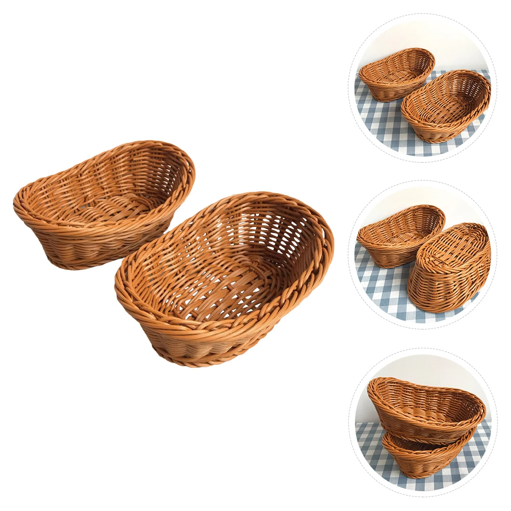 

2Pcs Kitchen Storage Baskets Imitation Rattan Woven Plastic Baskets Fruit Container Organizer