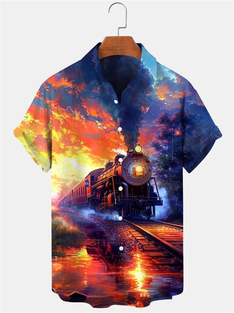 2025 Summer Cat Printed Hawaiian Shirt Men's Beach Vacation Casual Top Large Loose Simple Button Shirt