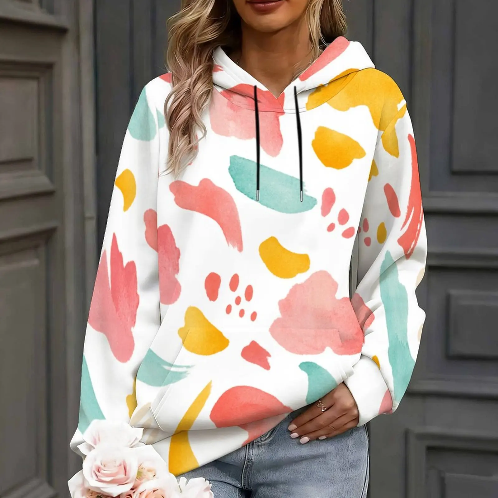 Women Abstract Black Gray White Tie Dye Printed Long Sleeve Drawstring Hood Kangaroo Pocket Pullover Hoodie