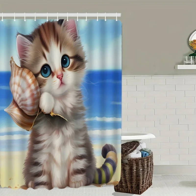4PC Waterproof Cartoon Cat Shower Curtain with 12 Hooks and Non-Slip Absorbent Rug - Perfect Bathroom Decor and Organization