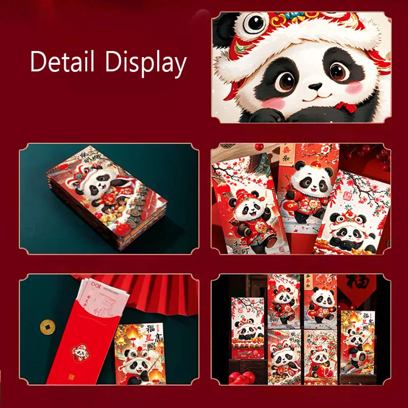 6PCS Chinese Style New Year Red Envelope Creative Cartoon Cute Panda Chinese New Year\'s Eve Wallet Greetings And Gift Giving Set