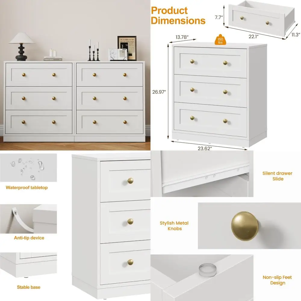 pair of modern royalcraft nightstands with 3 drawers, golden knobs, and wooden construction