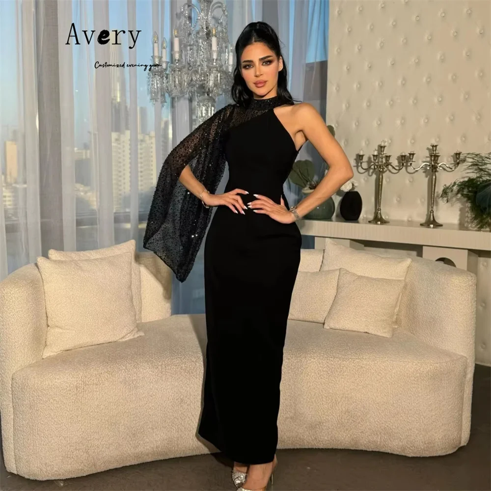 Avery Custom Schwarz Glänzend Fischschwanz Off-Schulter Luxus Damen Abendkleider Elegantes Party Abendkleid 2025, Ballkleid Kleider