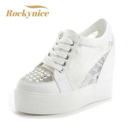 New 2022 Fashion Women Mesh Height Increasing High Heels Summer Platform Wedge Heel Brand Lady Pumps Outdoor Walking Shoes White