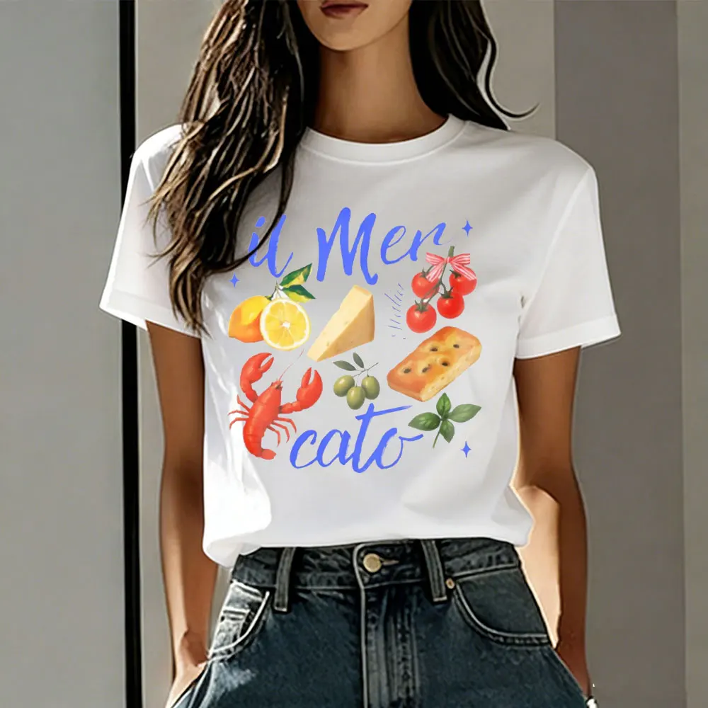 Футболка Il Mercato в итальянском стиле с принтом сардин, устриц, лобстеров, томатов, летний подарок для девушки, графический дизайн Y2K