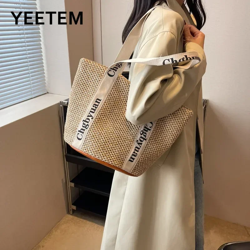 

New Woven Handbag Straw Summer Seaside Beach New Fashion Shoulder Large-capacity Leisure Holiday Bucket Bag Ethnic Shoulder Bag