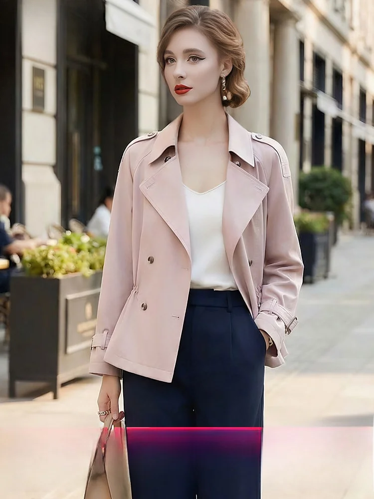 Simple Style Women's Short Windbreaker Jacket Double Row Buttons Design Slim Fit Casual Top Cotton Polyester Spring Fashion