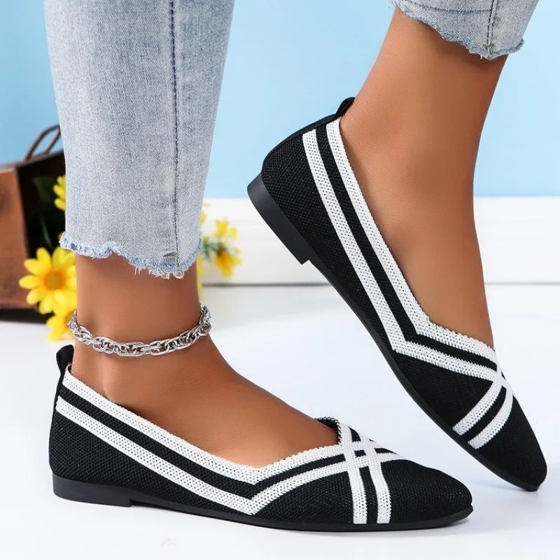 Autumn Women Casual Shoes for Woman Slip-on Pump Knit Single Flat Shoes Breathable Pointed Head Ladies Cloth Loafers Size 43