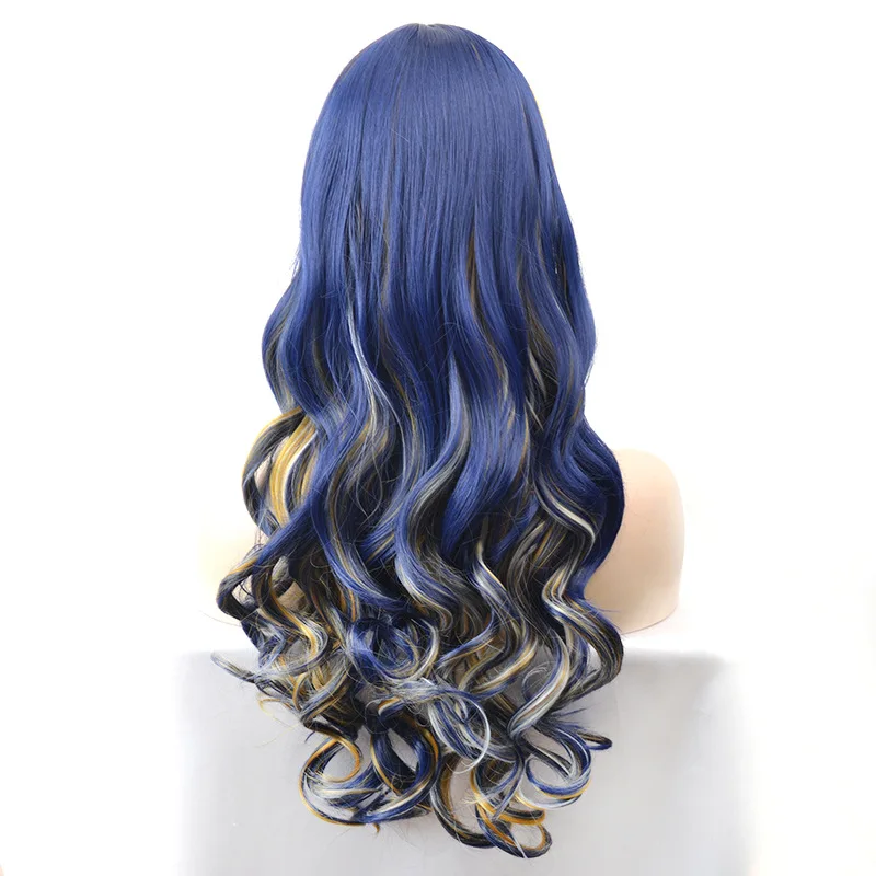 Wig rambut keriting biru campuran pirang panjang 70cm dengan poni untuk Wig pesta kostum Cosplay Halloween Natal wanita