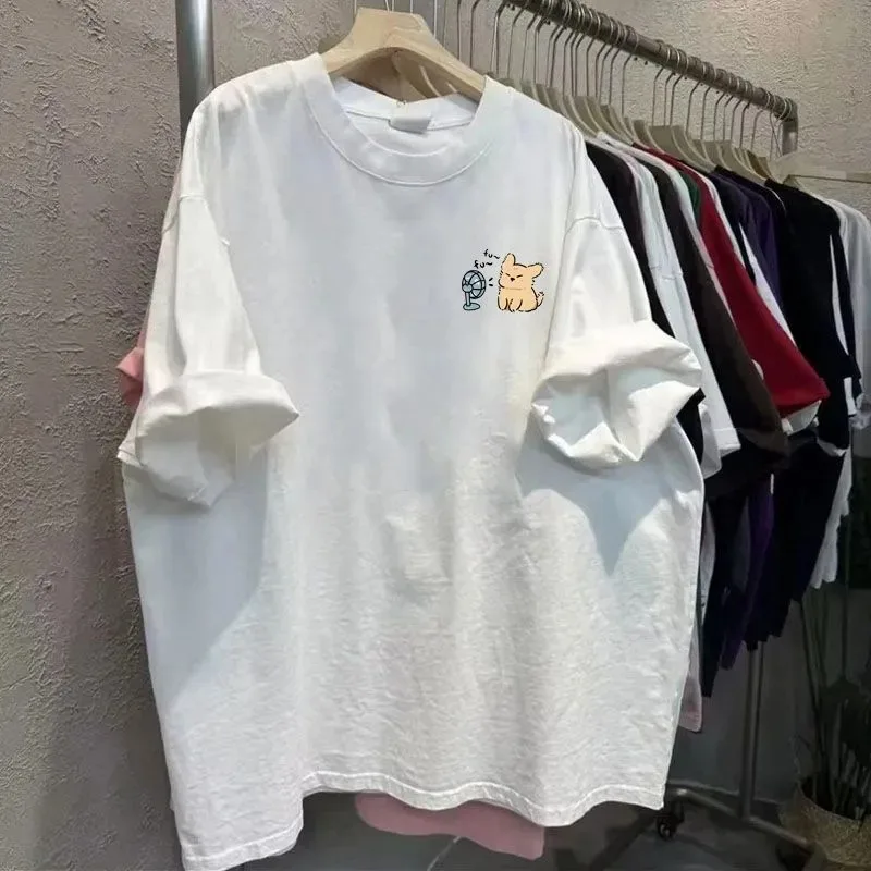 Women Crew Neck Cotton Short Sleeve T Shirt Cute Cartoon Dog Small Print Loose Hide Belly Korean Casual Summer Basic Top