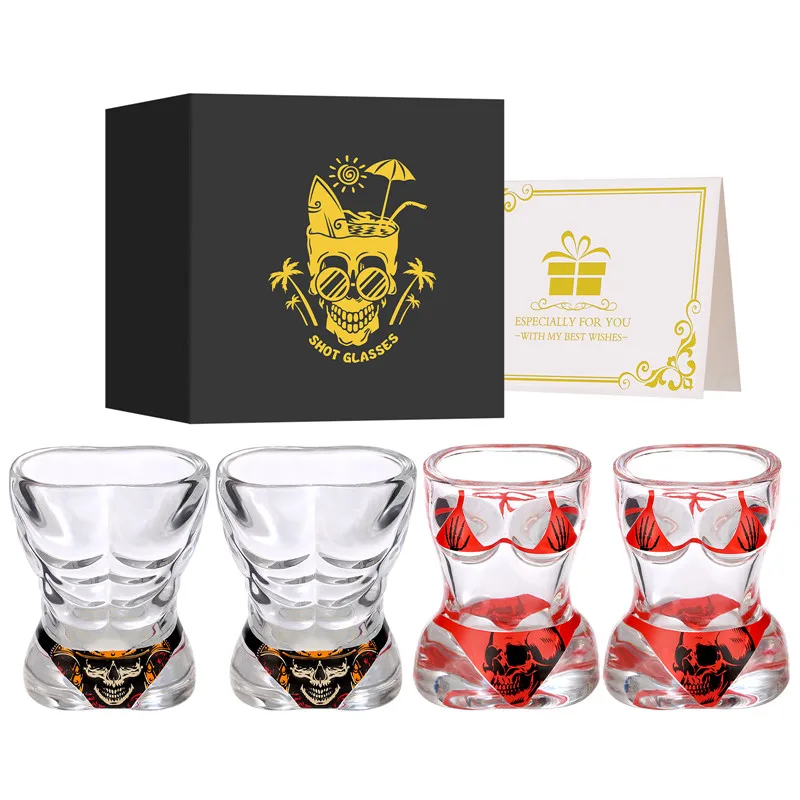 4pcs/set Muscle Man Bikini Skull Design Clear Shot Glasses 30ML Wine Cup for Halloween Kitchen Party Club Wedding Gift Set image 4