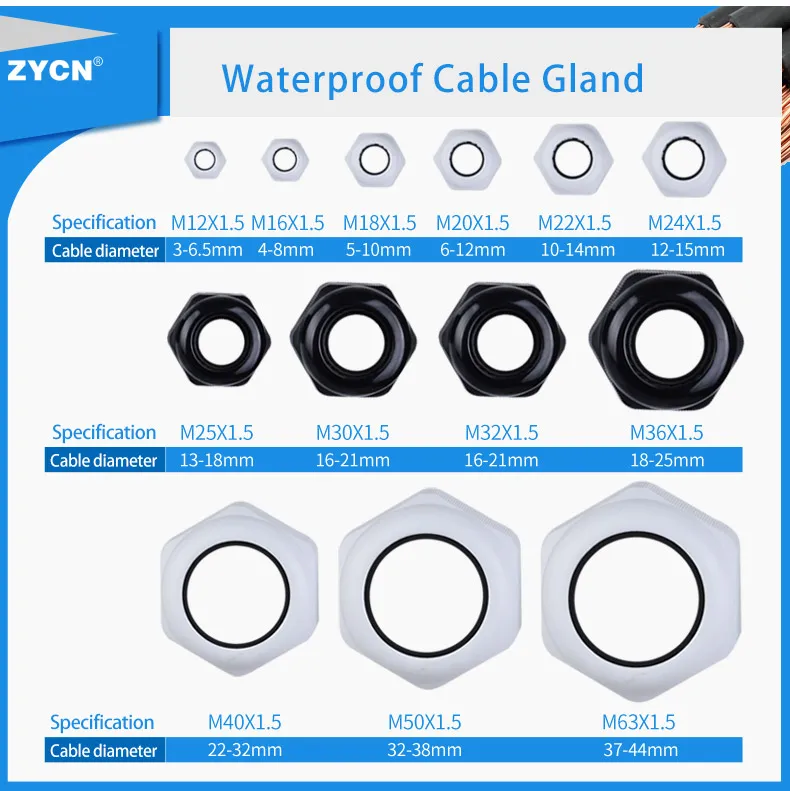 10Pcs Cable Gland M Series Entry Waterproof IP68 M12/16/18/20/22/25x1.5 3-6.5mm Nylon Plastic Connector Sleeve Joints