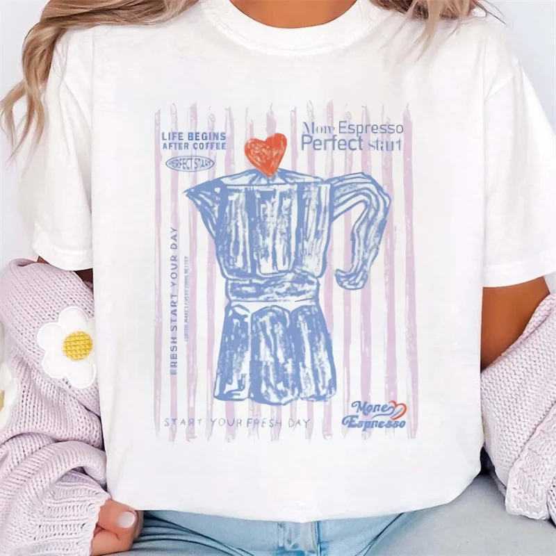 

Модная футболка с круглым вырезом и короткими рукавами с кофейным принтом, милый топ, летняя стильная милая белая футболка для путешествий и отпуска