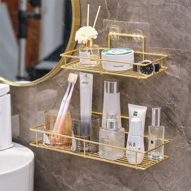 Stainless Steel Golden Bathroom Shelf Punch-Free Wall Hanging Toilet Storage Rack Towel Bar Integrated Organize Storage Holder