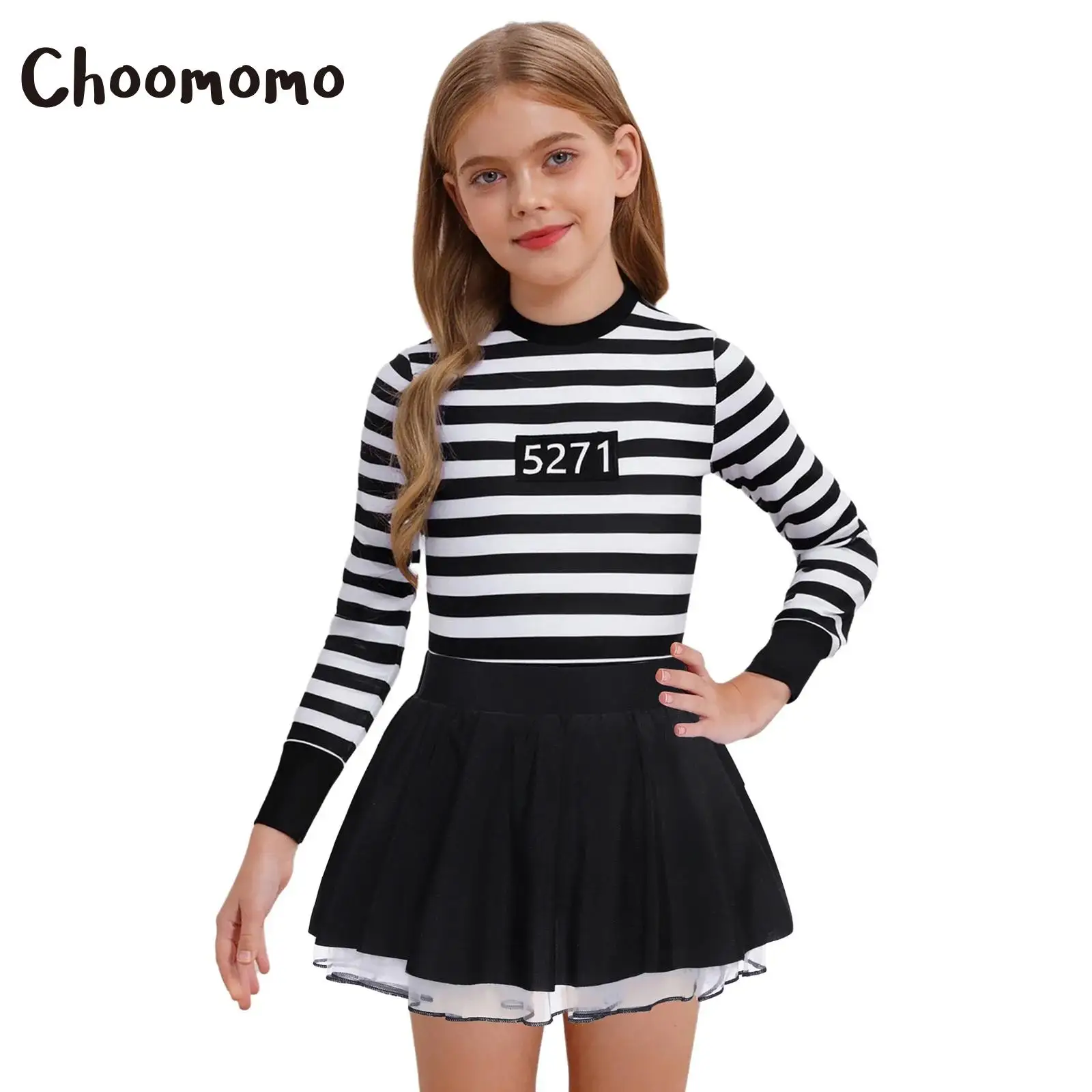 

Girls Prisoner Dress Striped Puffy Costumes Long/Short Sleeve Ruffle Skirt Ballet Tutu Dress Halloween Jailbird Convict Cosplay