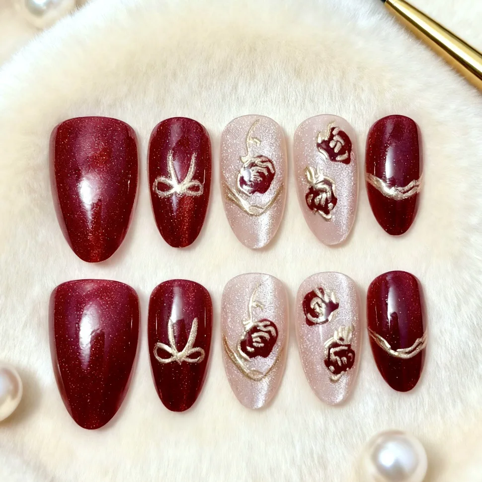 

24pcs Golden Bow Press on Nail Gilded Rose Red Almond Artificial Fake Nails Seamless Removable False Nail