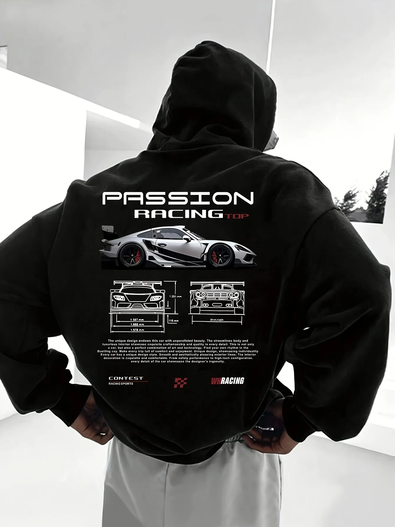 Popular digital pattern men's hooded sweatshirt with car-themed design, American-style casual sports long-sleeved shirt