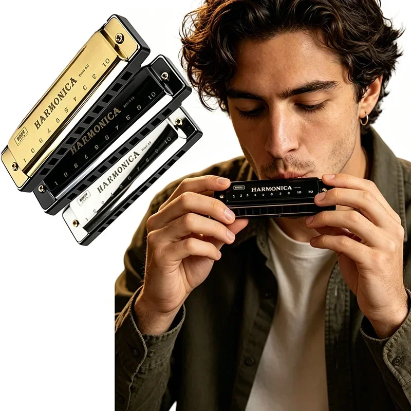 Chromatic Harmonica 10 Hole Key of C - Great Gift for Beginners with Case KQ01