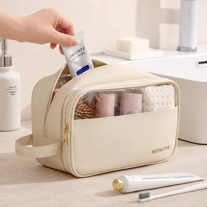Ladies Makeup Bag PU Leather Waterproof Dry Wet Separation Design Simple Transparent Multi Layer Large Capacity Portable Handbag