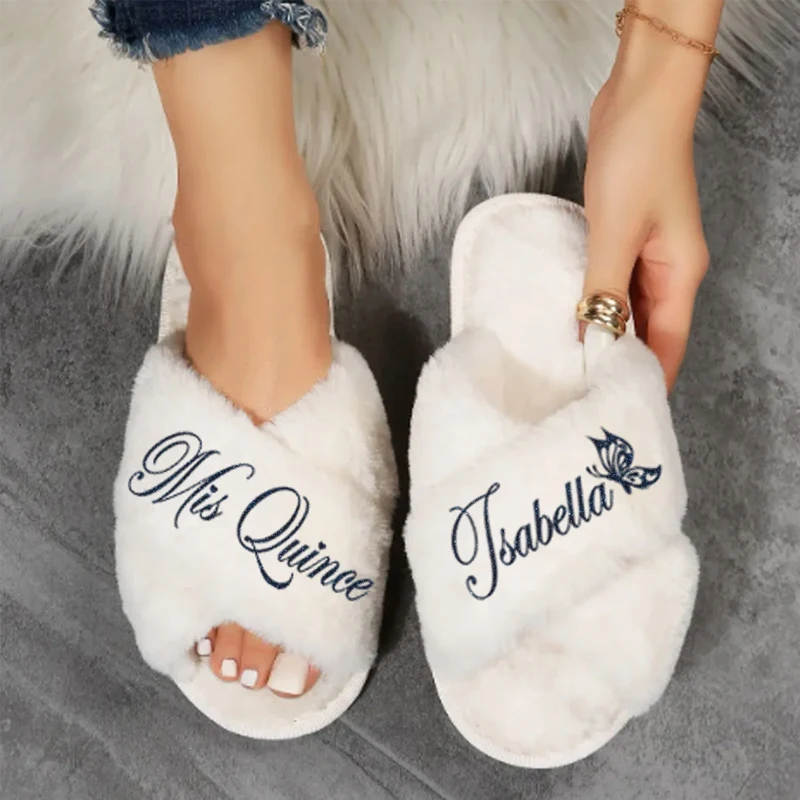 

Personalized Mis Quince White Fluffy Slippers Custom Quinceanera Gift Girls Birthday Party Decoration Accessories Squad Slippers