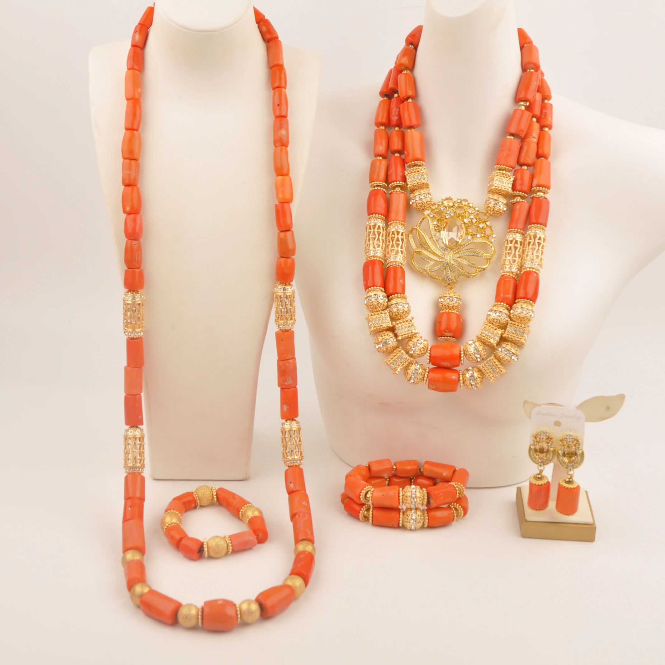 Natural orange coral bead 48inch groom necklace 3layers coral bridal set jewelry