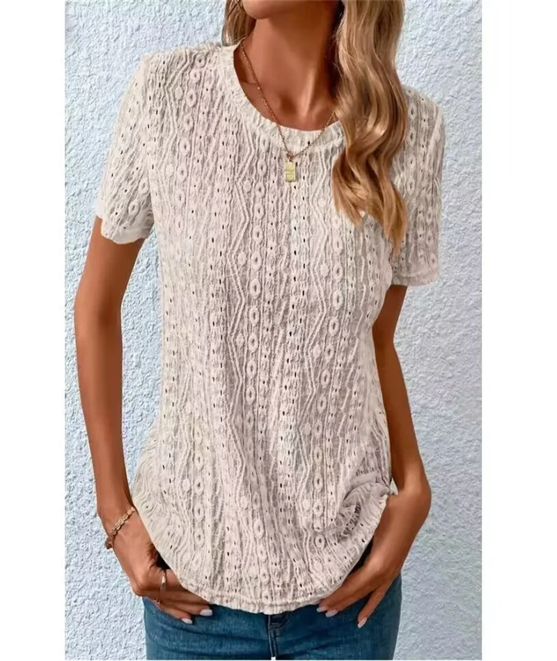 024 Europe and the United States Spring and summer women\'s round-necked casual short-sleeved T-shirt hollow hole blouse