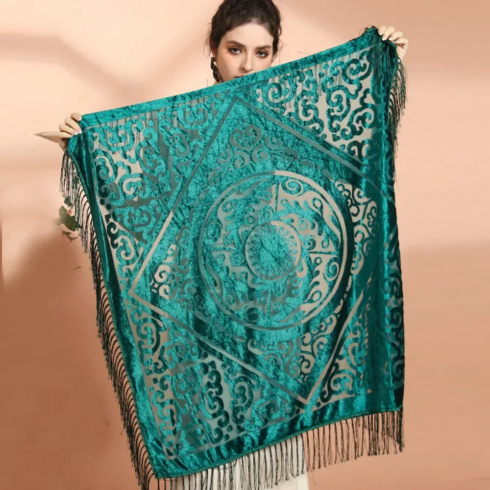 AW25 Velvet Jacquard Shawl with Tassel Trim - Vintage Boho Oriental Scarf for Cheongsam & Winter Warmth - view 2