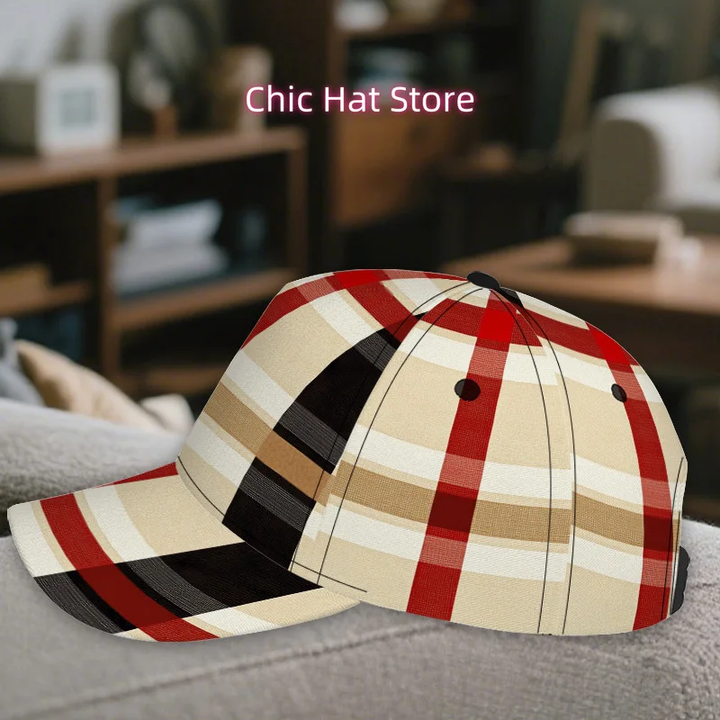 1pc of a Classic Baseball Cap Featuring a Beige And Red Plaid Design - an Adjustable Duckbill Hat That Is Lightweight, Making It view 6